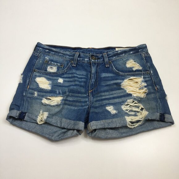 rag & bone Pants - RAG & BONE Obispo Rebel 5 Pocket Logo Hardware Distressed Cuff Hem Denim Shorts